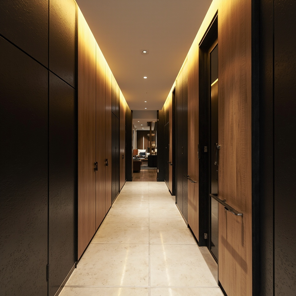 Custom Hallway & Storage — Floor-to-ceiling built-in cabinetry with warm wood tones and hidden LED cove lighting