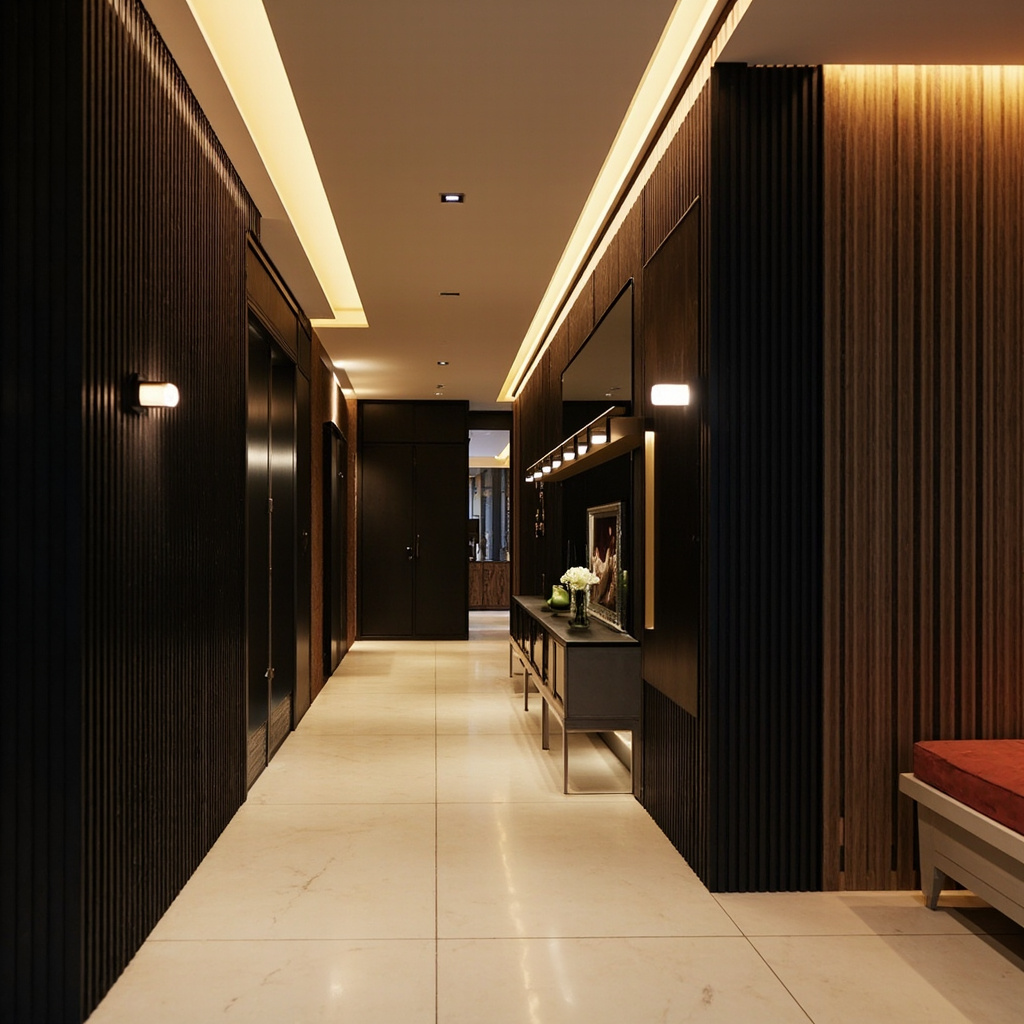 Modern Living Spaces — Dark fluted wood panelling, marble flooring, and atmospheric accent lighting throughout