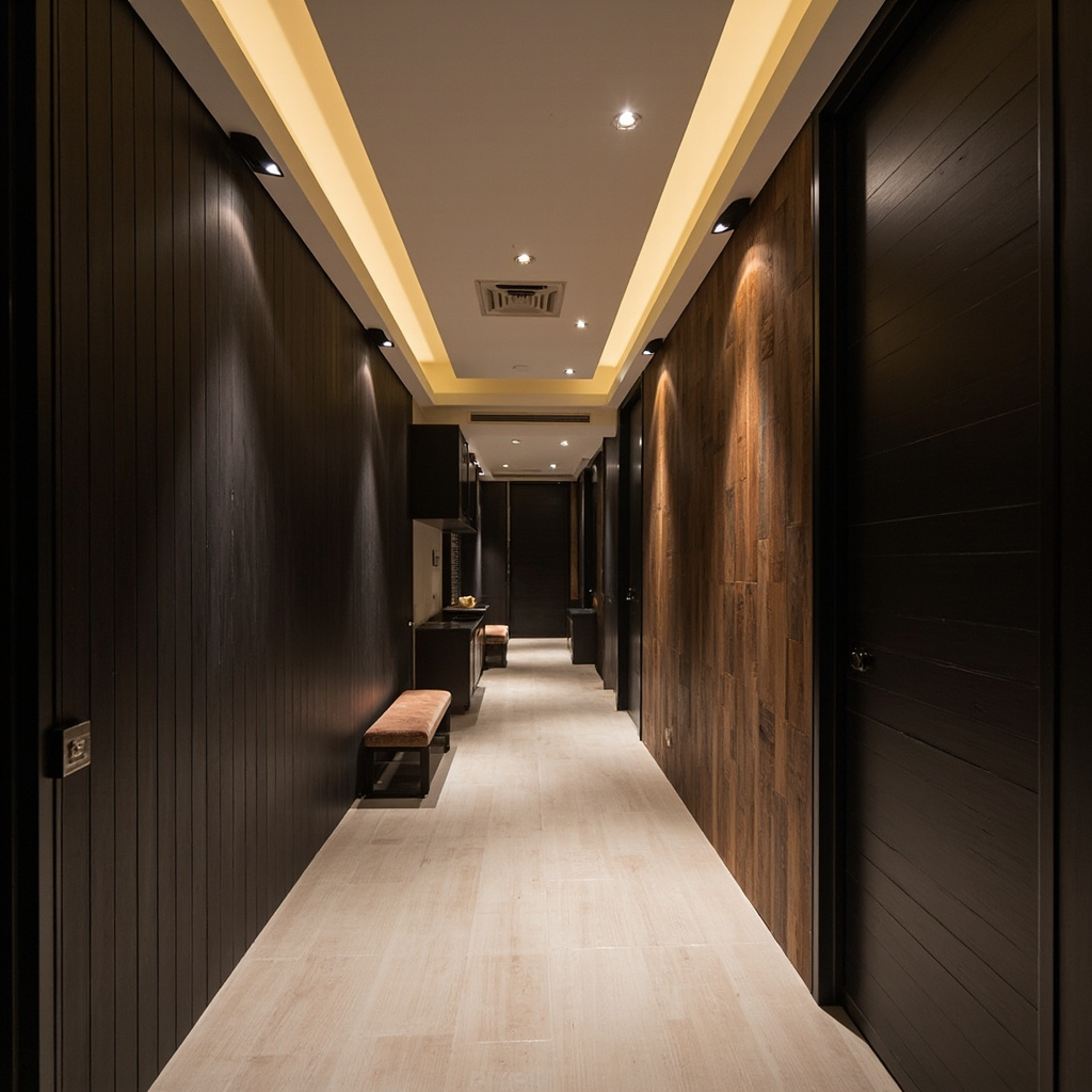 Contemporary Corridor — Sophisticated linear wood slat walls with recessed lighting and minimalist furnishings
