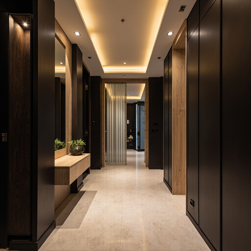 Luxury Entry & Passage — Warm cove lighting, glass doors, and built-in wardrobes for a premium residential interior